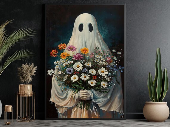 Sweet Ghost Holding Big Bouquet of Wildflowers Dark Floral Art Poster