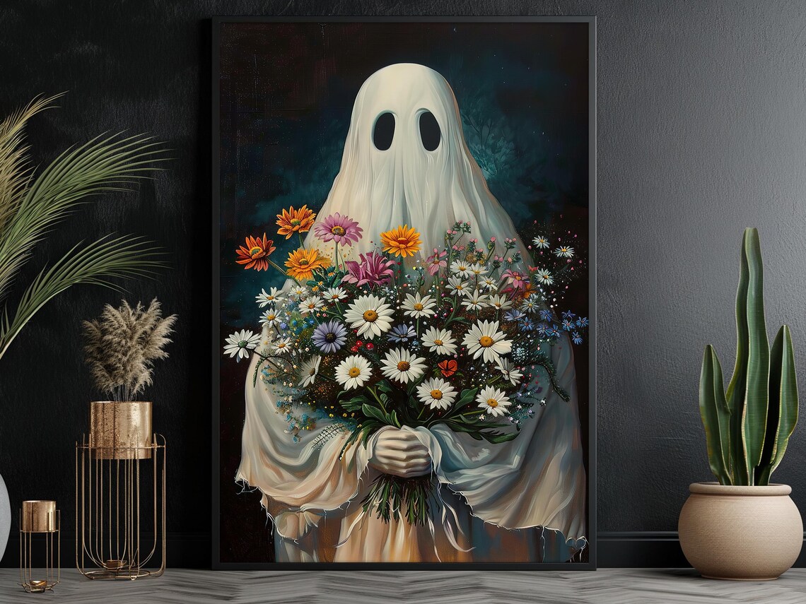 Sweet Ghost Holding Big Bouquet of Wildflowers Dark Floral Art Poster