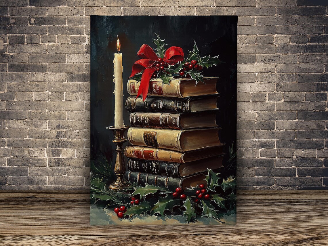 Vintage Christmas Candle and Books Poster Print - Image 2