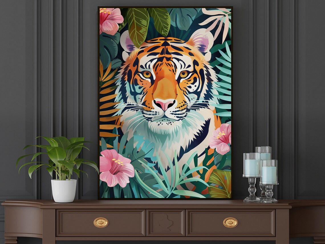 Colorful Tiger In Tropical Jungle Leaves Pink Flowers Matisse Style Poster - Image 5