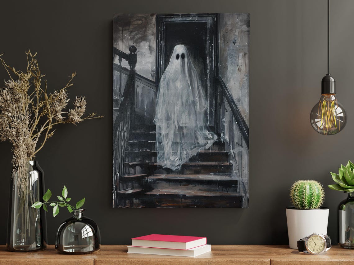 Spooky White Ghost On Dark Stairs Haunted House Halloween Poster - Image 5