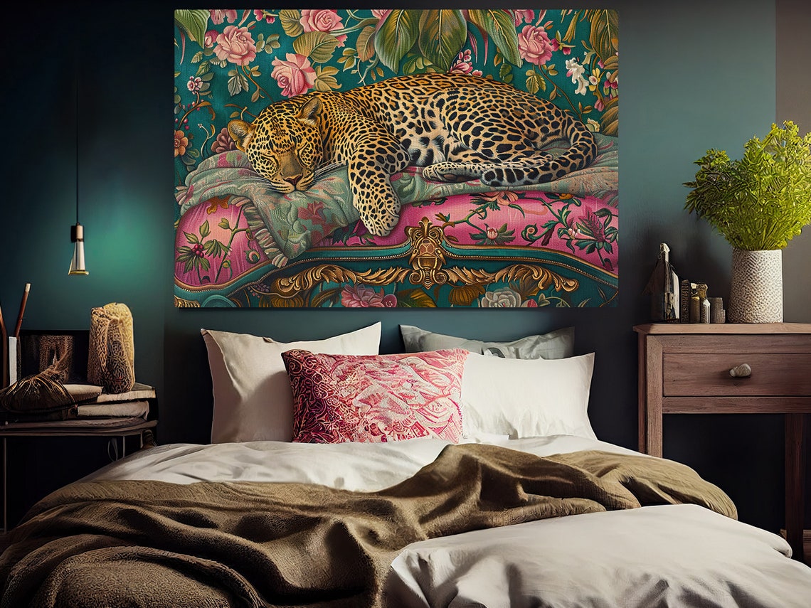 Sleeping Leopard On Floral Sofa Maximalist Botanical Wall Art Print - Image 5