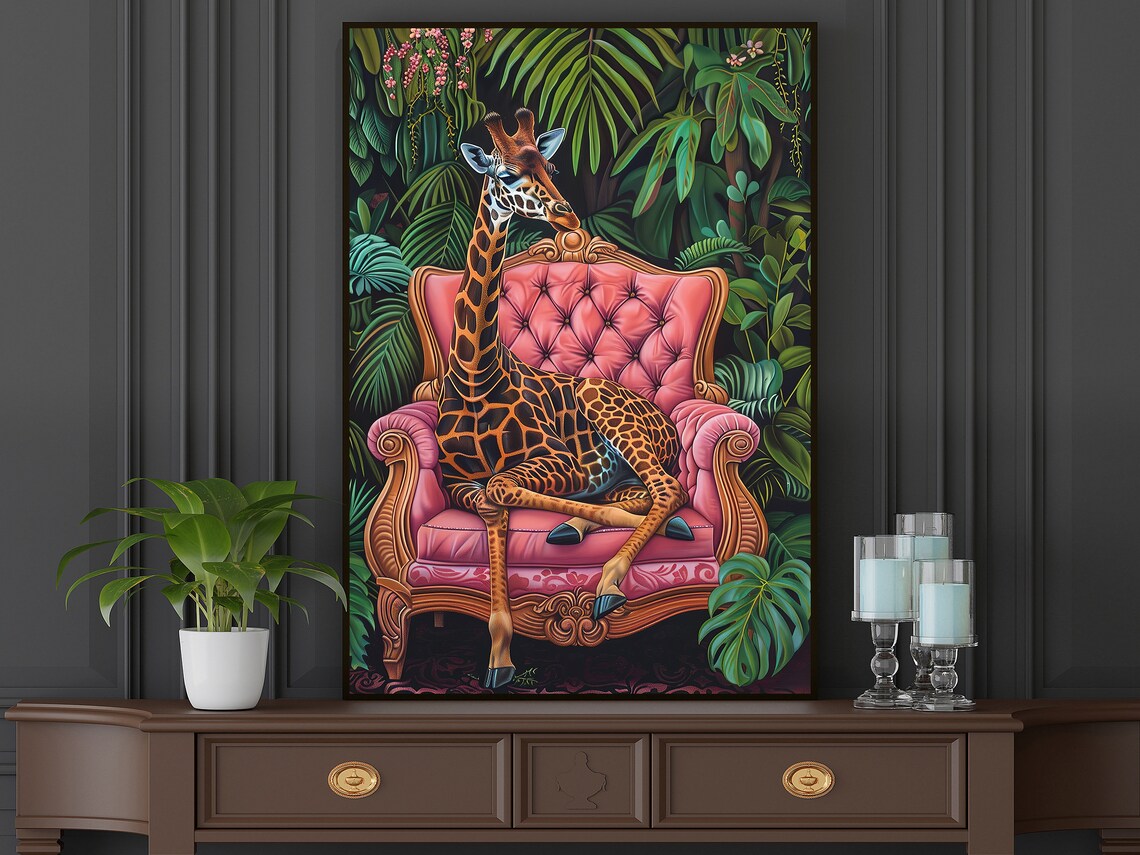 Giraffe Pink Velvet Armchair Tropical Jungle Animal Art Poster - Image 5