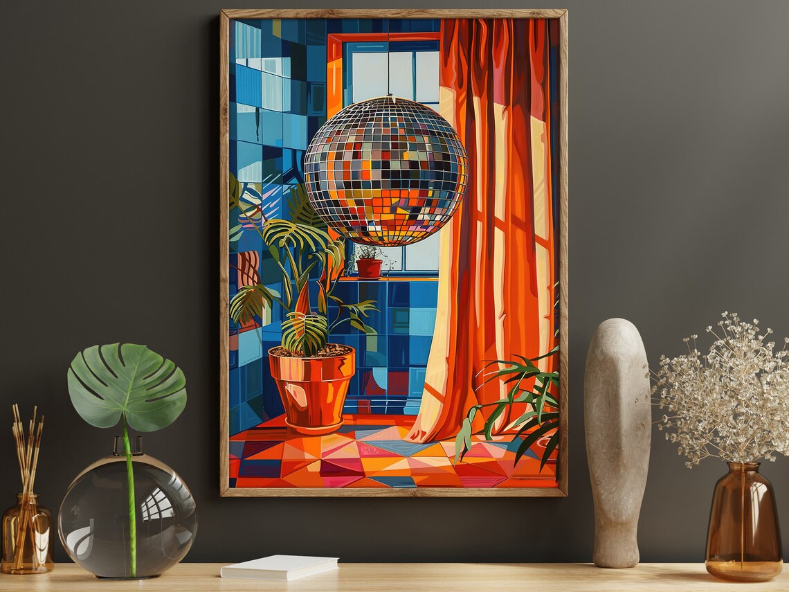 Disco Ball Retro Orange Blue Interior Matisse Style Colorful Wall Art Print