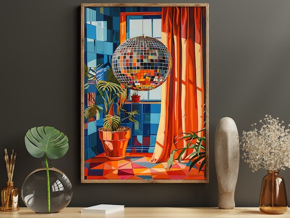 Disco Ball Retro Orange Blue Interior Matisse Style Colorful Wall Art Print