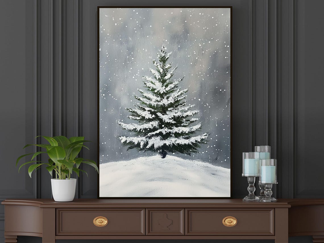 Snowy Pine Tree In Falling Snow Minimalist Winter Landscape Wall Art - Image 5