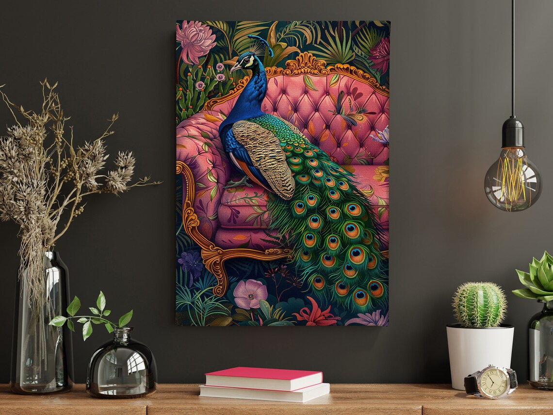 Tropical Peacock On The Sofa Wild Animal Art Print - Image 4