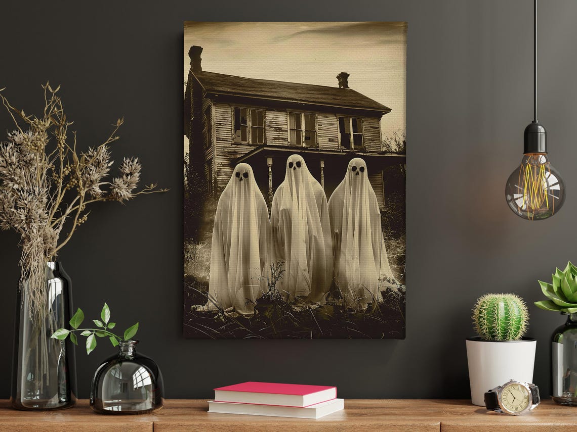 Three Vintage Sheet Ghosts in Front of Old Sepia Farmhouse Art Poster - Image 4