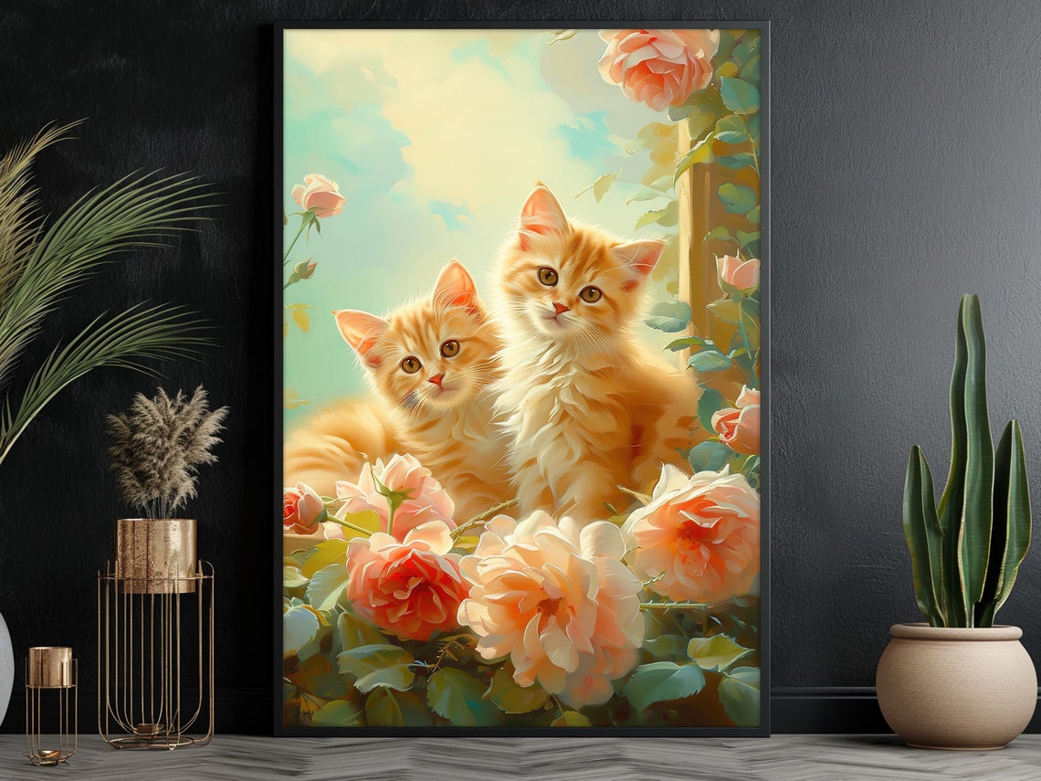 Two Cream Kittens Among Peach Roses At Window Cat Art Poster