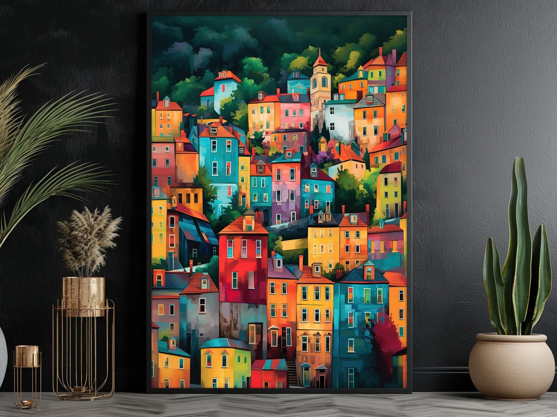 Colorful Hillside Town Houses Abstract City Painting Modern Poster