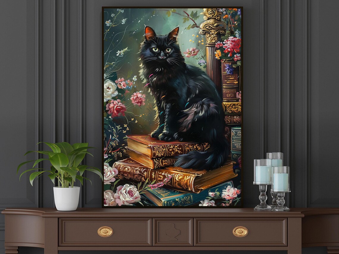 Matisse-Inspired Black Cat on Magic Books Print - Image 4
