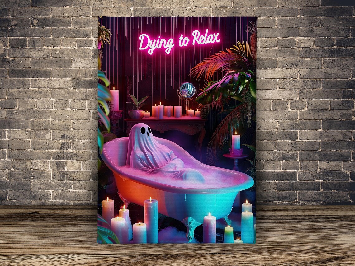 Dying to Relax Neon Ghost in Bathtub Funny Halloween Bathroom Poster - Image 2