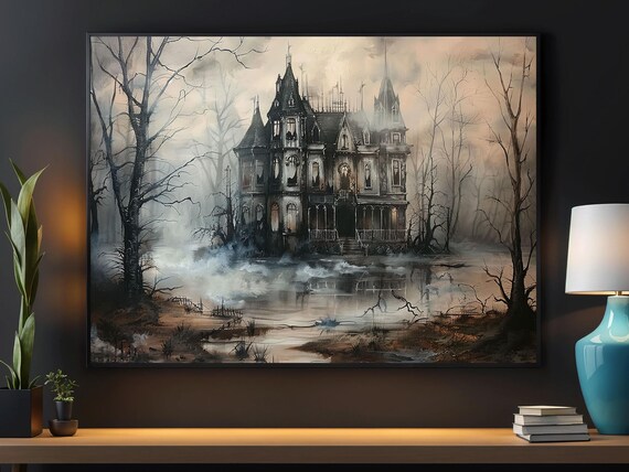 Foggy Haunted Mansion Among Bare Trees Gray Spooky Halloween Print