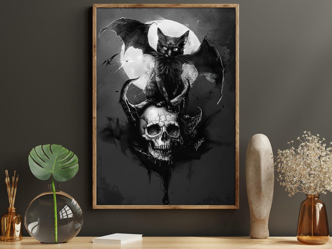 Gothic Black Cat with Bat Wings on Skull Under Full Moon Art Poster - Image 5