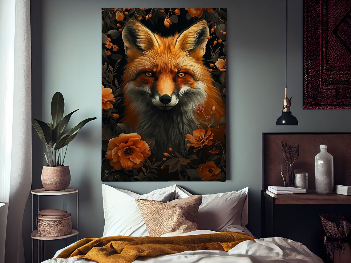 Red Fox Among Orange Flowers On Black Floral Wildlife Portrait Wall Poster - Image 2