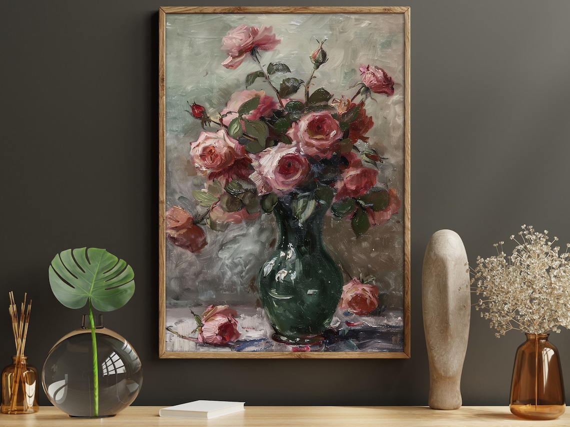 Pink Roses In Green Glass Vase Vintage Oil Painting Floral Art Poster
