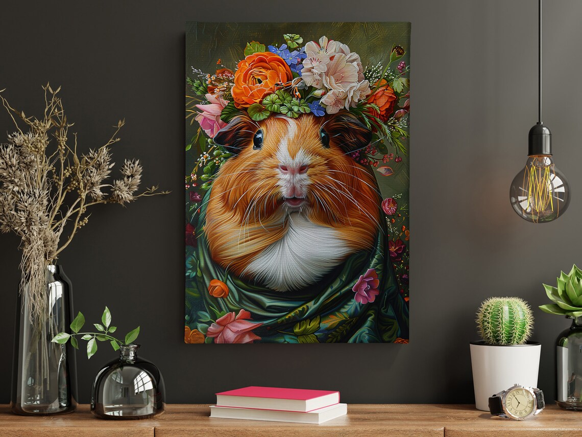 Guinea Pig Flower Crown Floral Shawl Cute Pet Portrait Art Poster - Image 4