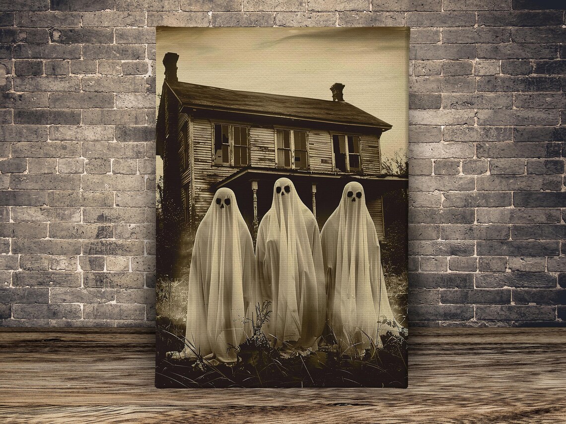 Three Vintage Sheet Ghosts in Front of Old Sepia Farmhouse Art Poster - Image 2