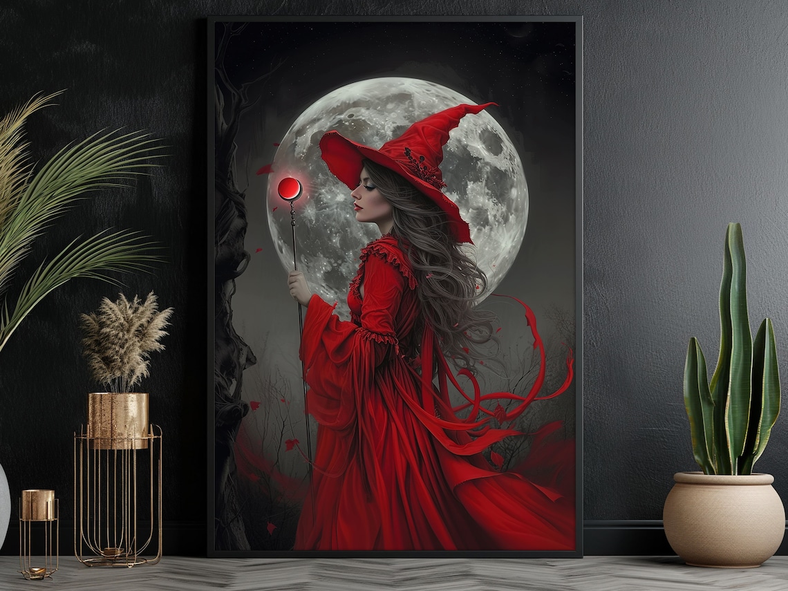Magical Moon Witch Painting, Halloween Wall Art