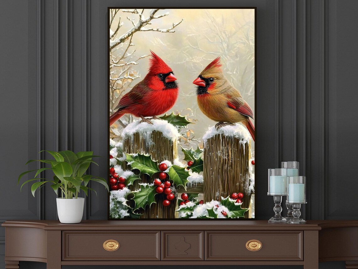 Male Female Cardinals On Snowy Fence With Holly And Red Berries Poster - Image 6