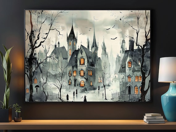 Spooky Haunted Old Town Street Watercolor with Glowing Windows Poster