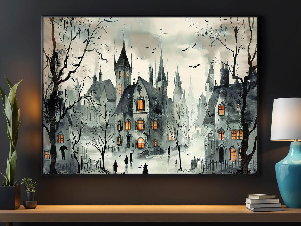 Spooky Haunted Old Town Street Watercolor with Glowing Windows Poster