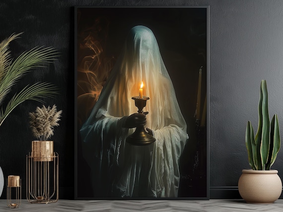 Veiled Ghost Holding Candle Dark Elegant Spooky Halloween Wall Art