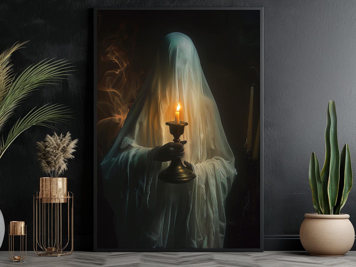 Veiled Ghost Holding Candle Dark Elegant Spooky Halloween Wall Art