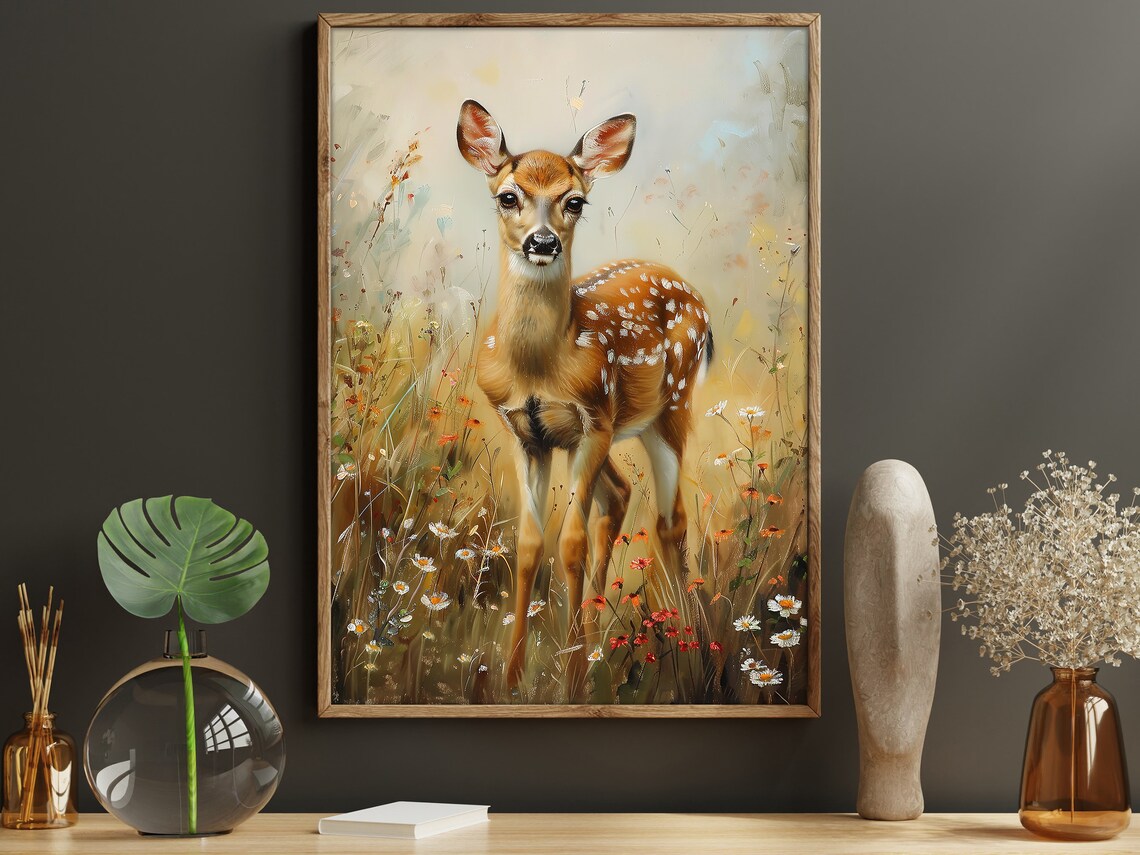 Spotted Fawn Standing In Wildflower Meadow Golden Light Animal Poster