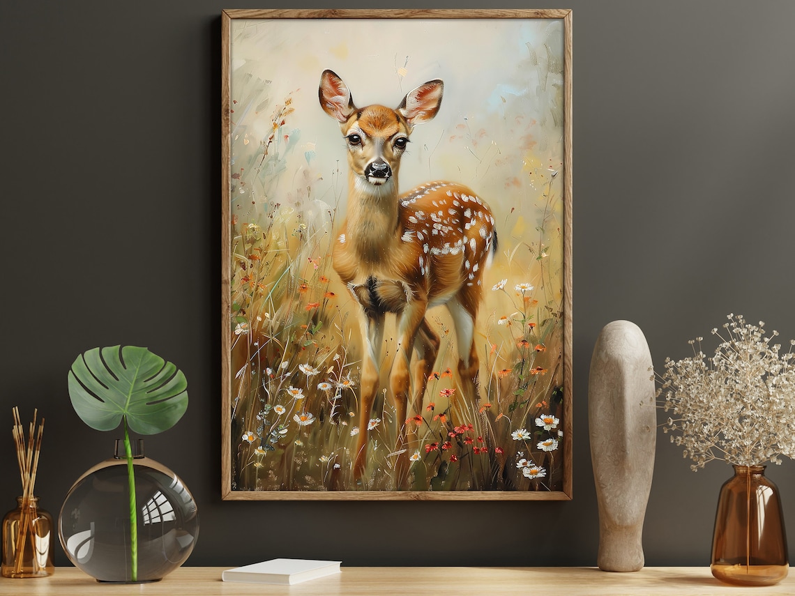 Vintage Deer In The Flowers Garden Painting Cottage Deer Print Deer Print Animal Poster Print Wild Animal Wall Art
