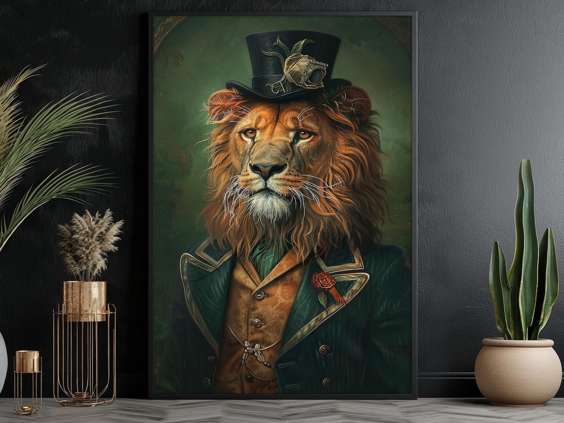Dark Gentleman Lion Painting Gothic Lion In Suit Art Print Lion Print Wild Animal Poster Print Animal Wall Art Room Decor