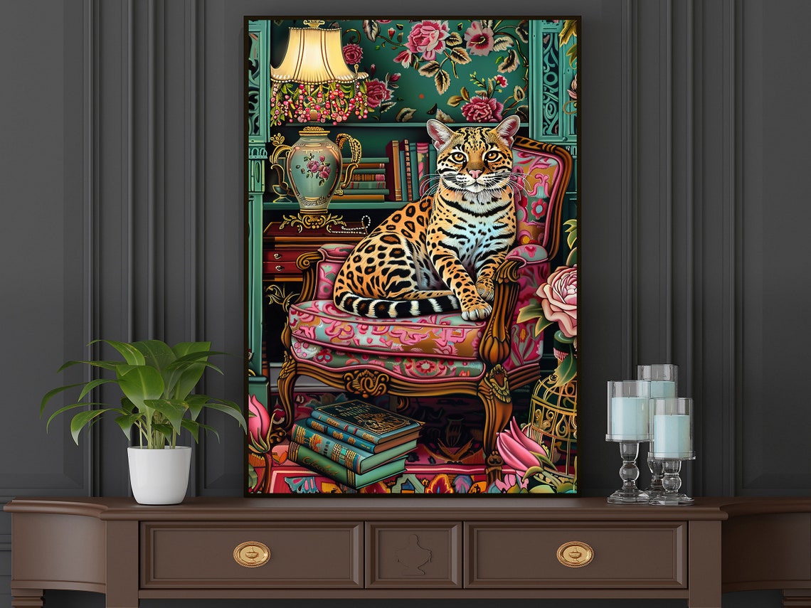Spotted Wild Cat On Ornate Armchair Maximalist Library Art Print - Image 5