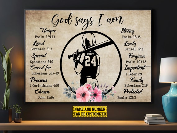 Vintage Baseball God Says I Am Personalized Print Baseball Poster Print Softball Gift For Girls