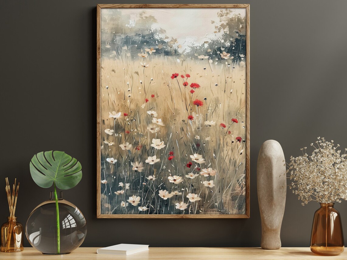 Wildflower Field With Poppies And Daisies Golden Morning Meadow Poster