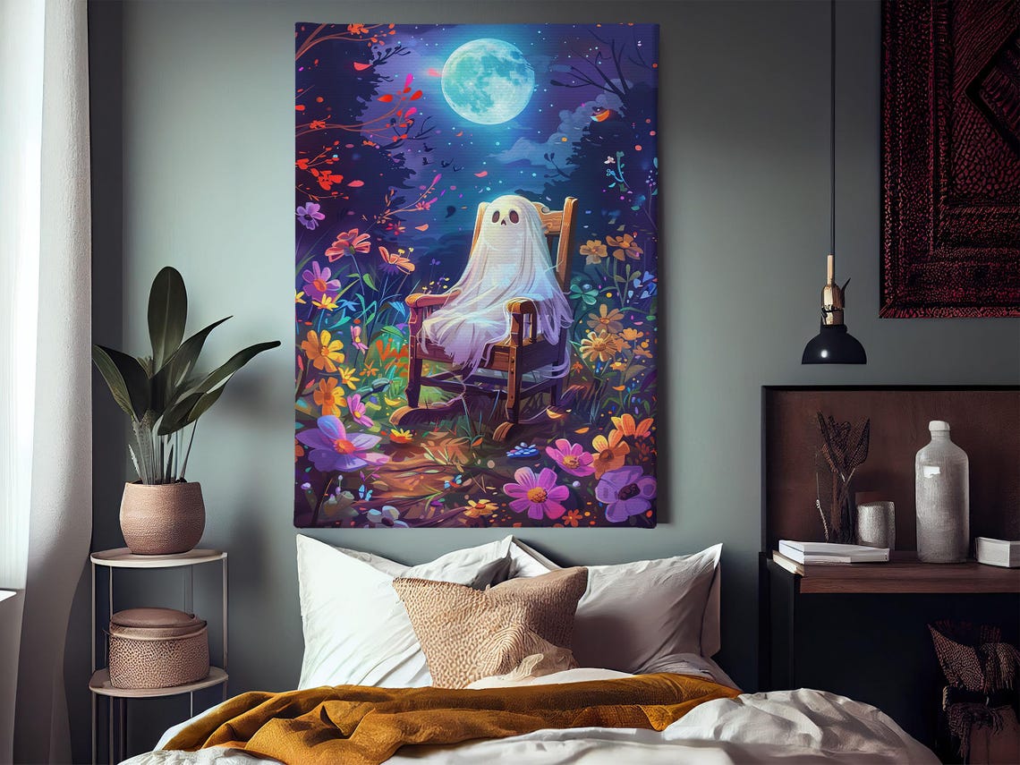 Dreamy Ghost in Rocking Chair Under Full Moon in Flower Field Poster - Image 3