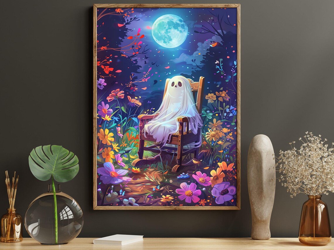 Dreamy Ghost in Rocking Chair Under Full Moon in Flower Field Poster - Image 6