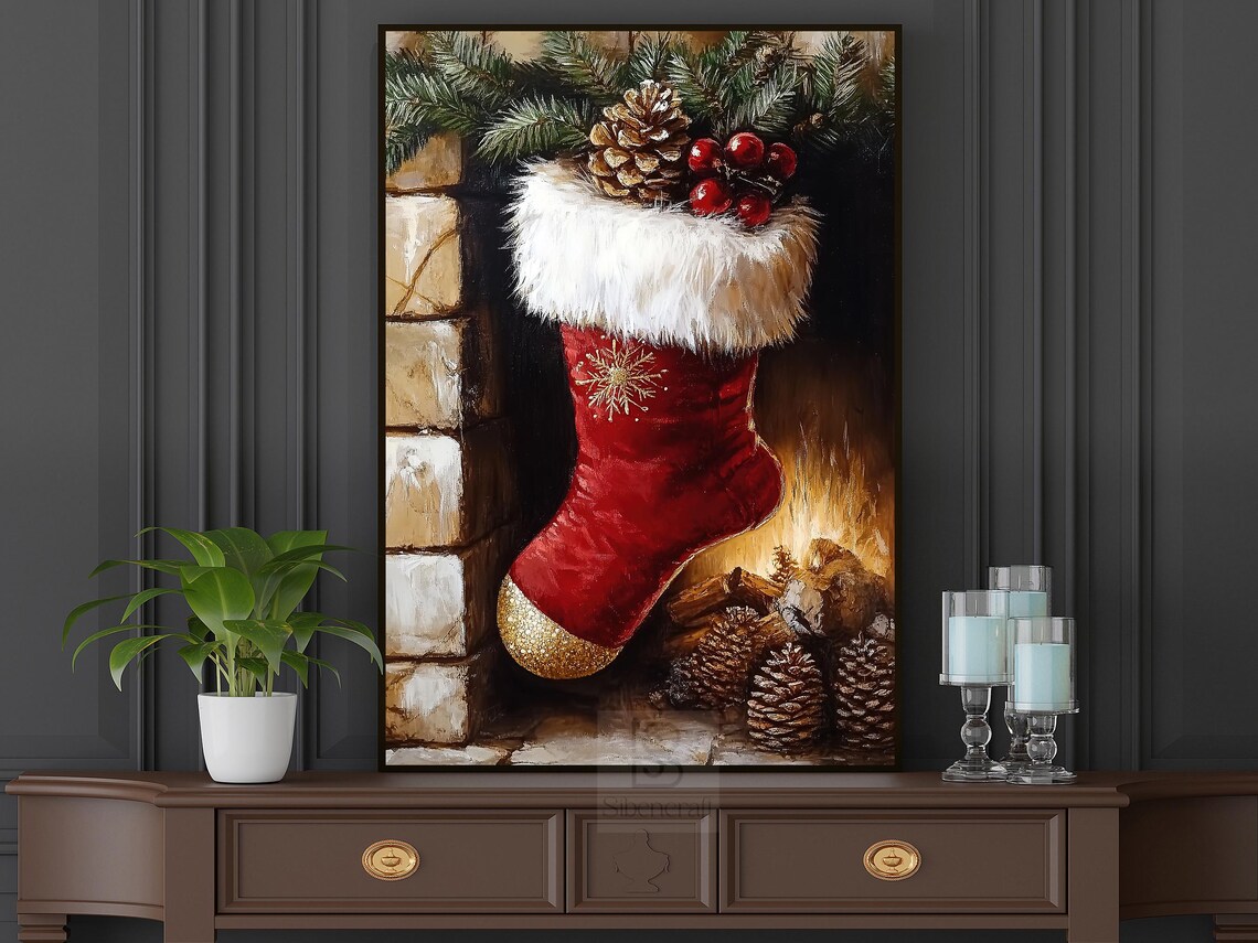 Cozy Christmas Stocking Painting, Fireplace Art Print - Image 4