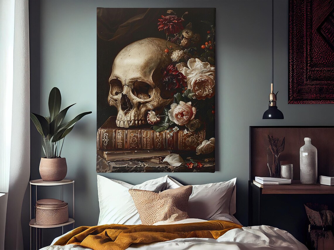 Vintage Skull Still Life with Roses on Antique Books Memento Mori Poster - Image 3