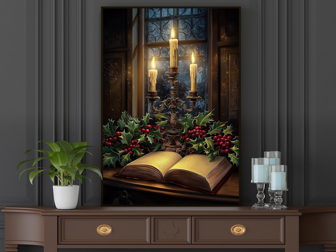 Vintage Xmas Candle Painting, Cozy Christmas Poster - Image 4