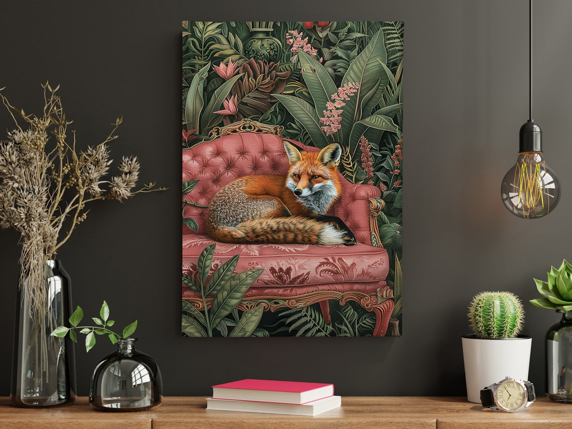 Red Fox Pink Velvet Sofa Tropical Jungle Animal Portrait Poster - Image 5