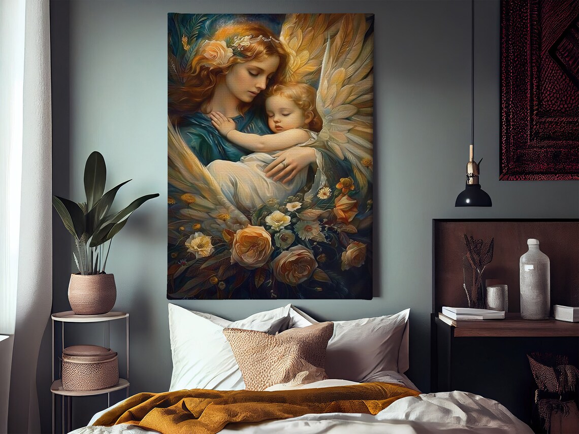 Guardian Angel Holding Sleeping Baby Golden Wings Floral Faith Poster - Image 3