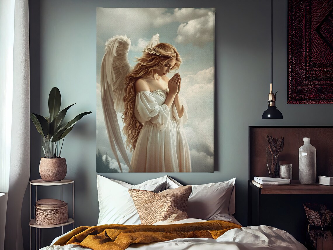 Praying Angel White Dress Clouds Faith Guardian Angel Spiritual Wall Art - Image 3