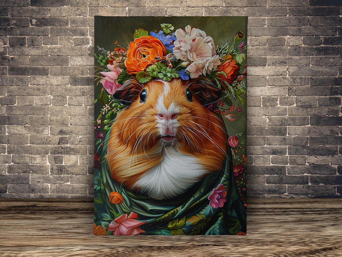 Guinea Pig Flower Crown Floral Shawl Cute Pet Portrait Art Poster - Image 2