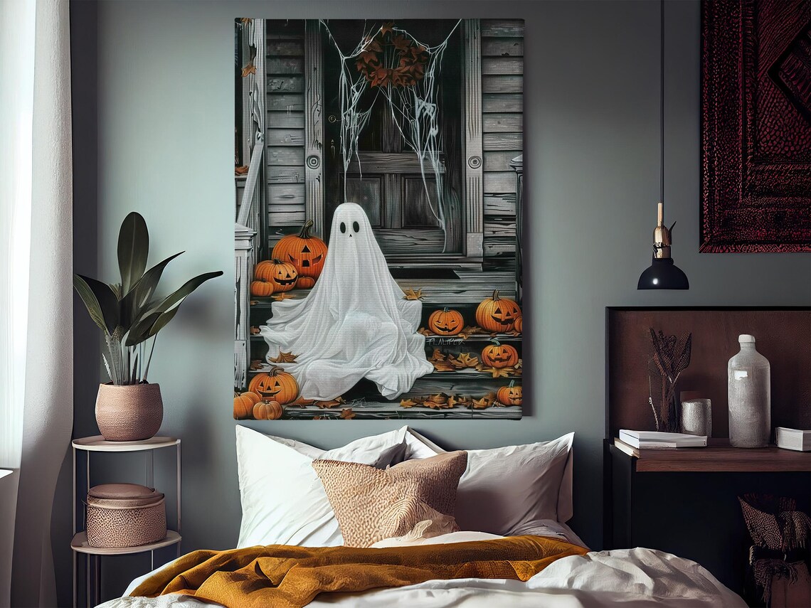 Ghost On Porch With Jack O Lanterns Cute Spooky Halloween Art Print - Image 3