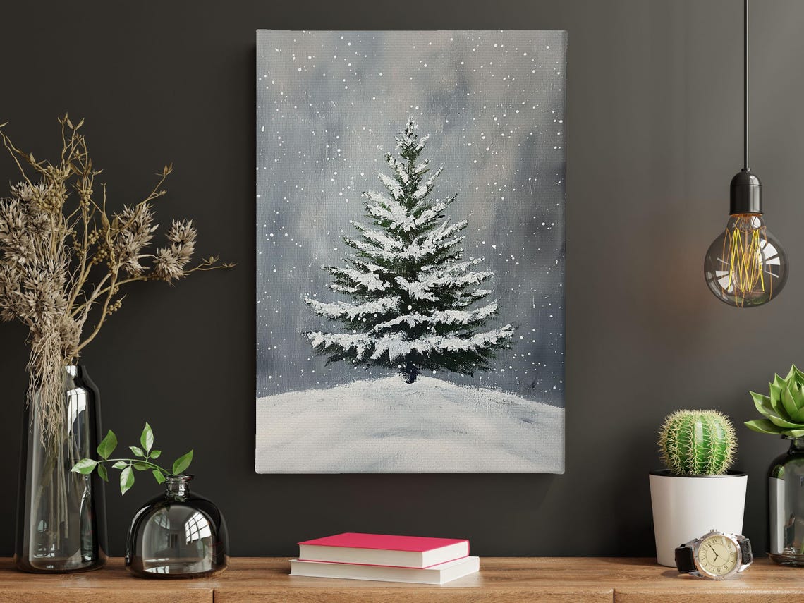 Snowy Pine Tree In Falling Snow Minimalist Winter Landscape Wall Art - Image 3