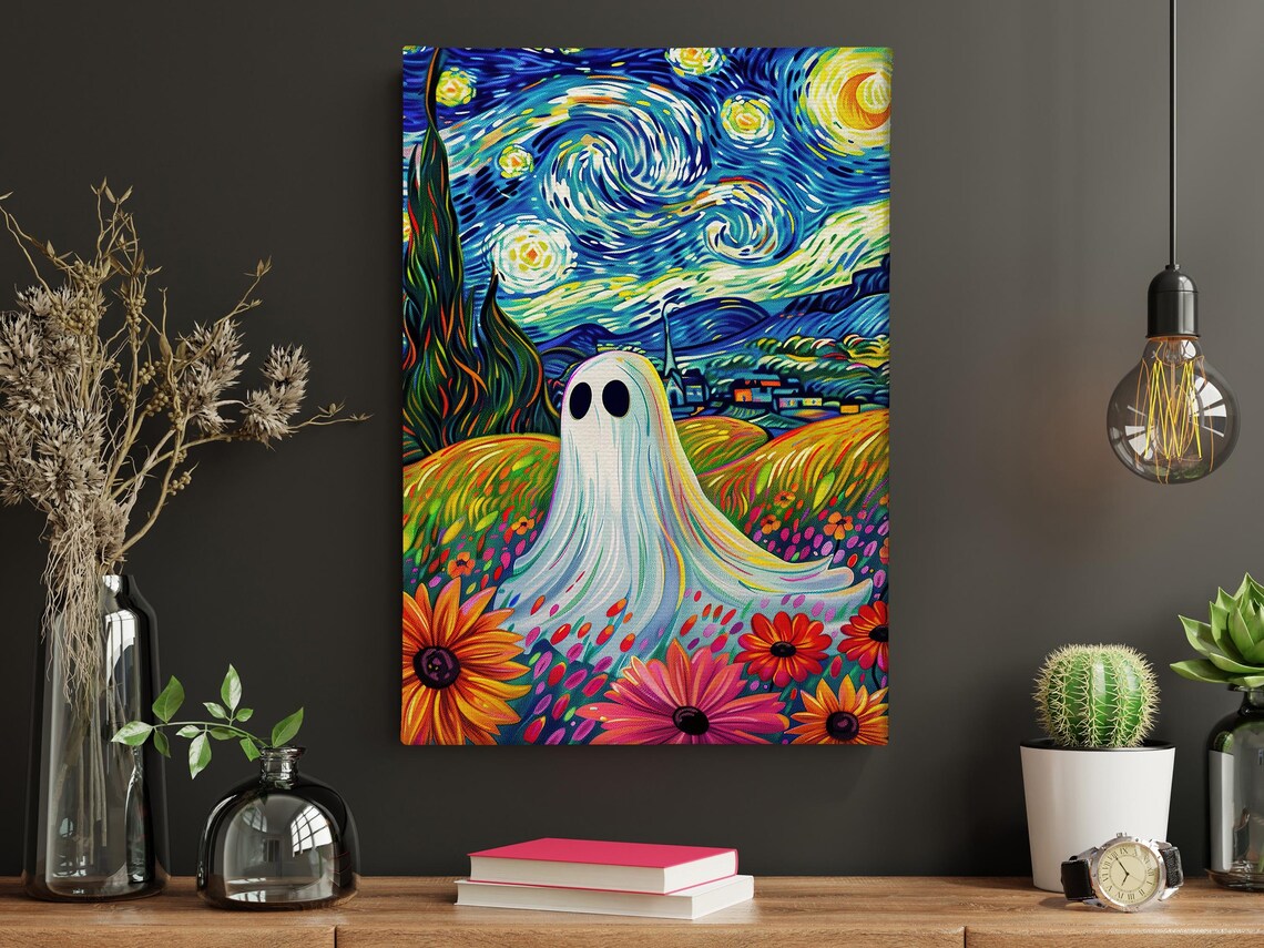 Starry Night Style Ghost in Colorful Flower Field Dreamy Art Poster - Image 3