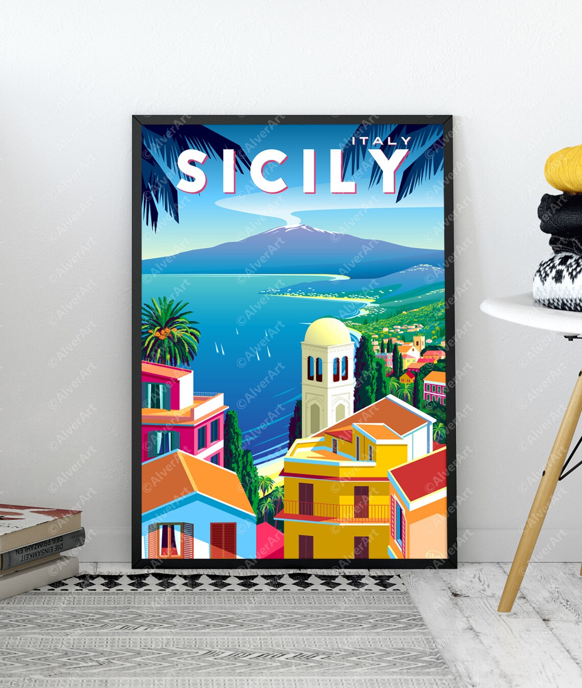 Sicily Italy Coastal Town Mount Etna Colorful Seaside Poster - Image 3