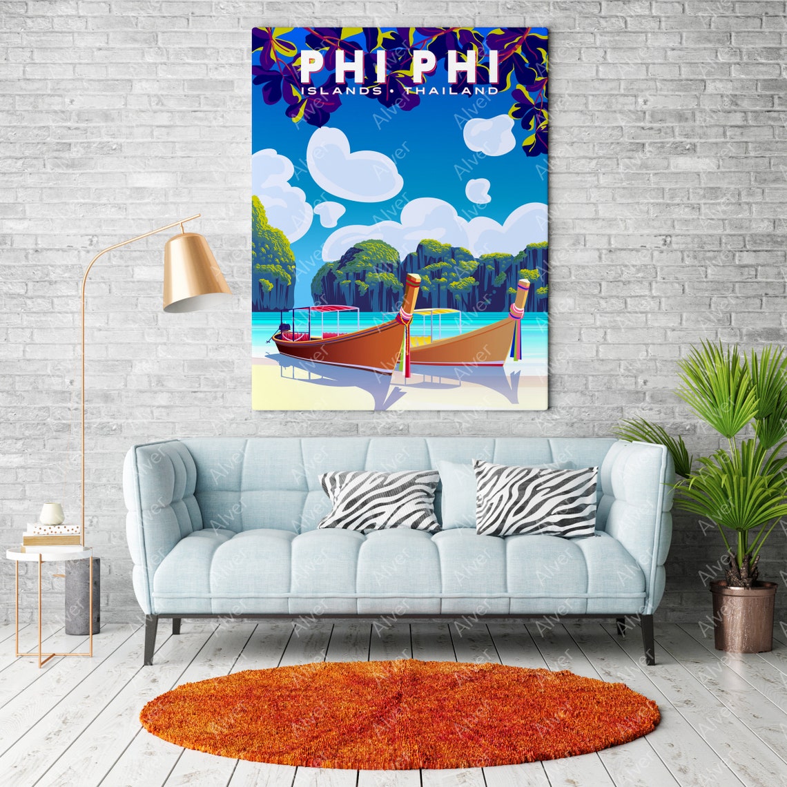 Phi Phi Islands Thailand Longtail Boats Cliffs Tropical Travel Poster - Image 2