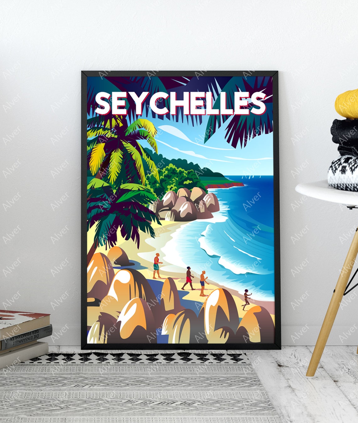 Seychelles Tropical Beach Granite Boulders Palm Trees Poster - Image 3