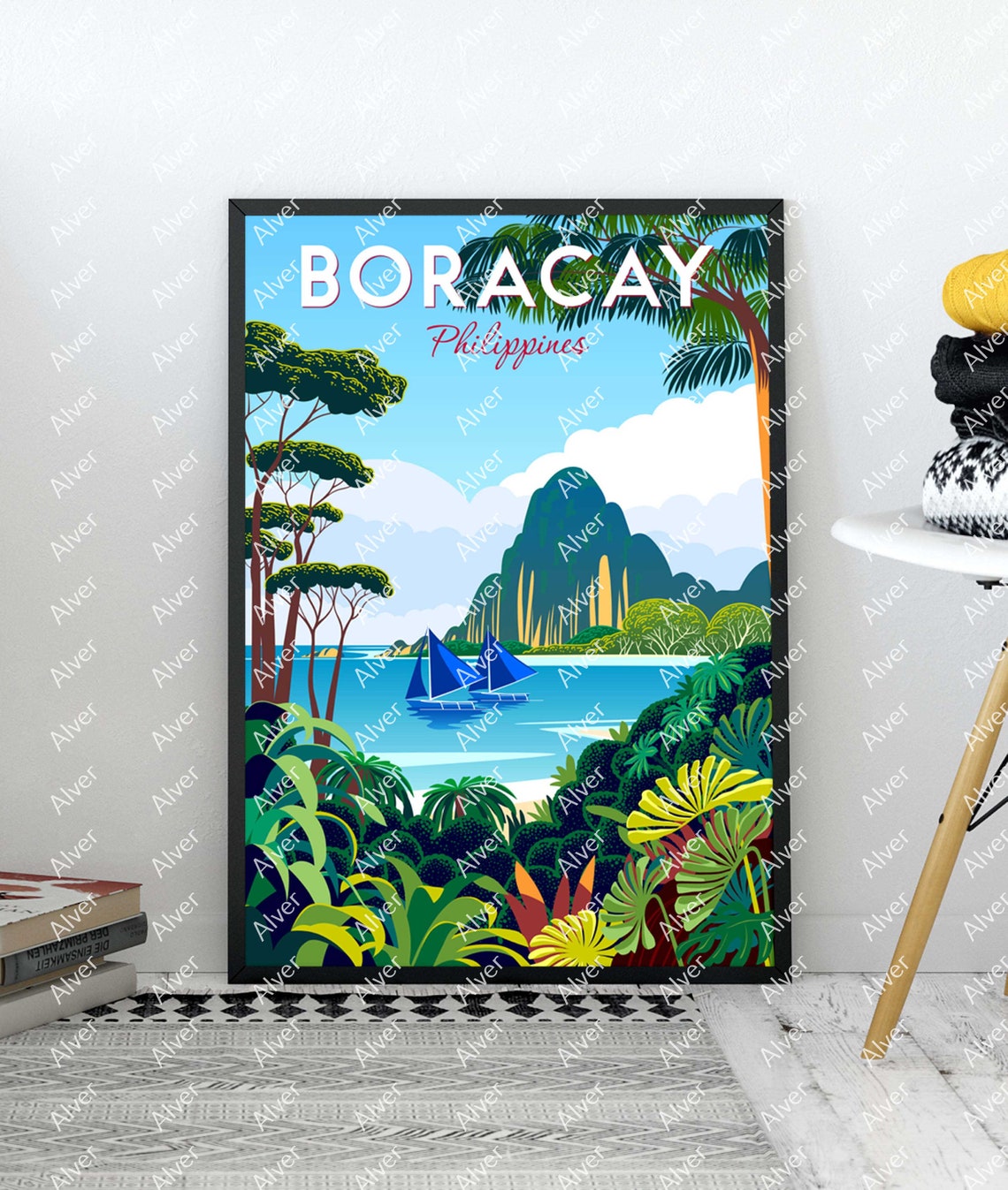 Boracay Philippines Paraw Sailboat Jungle Cove Tropical Art Poster - Image 2
